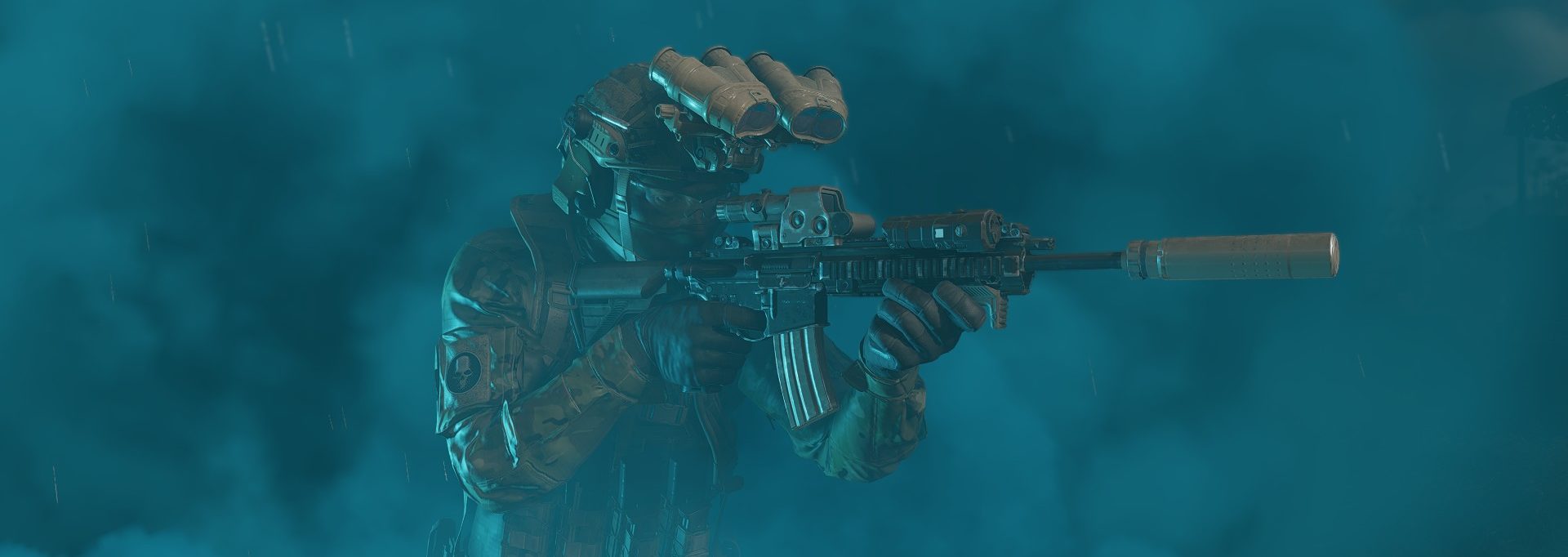 Soldat aus Ghost Recon Breakpoint in blauem Rauch mit der Waffe im Anschlag.